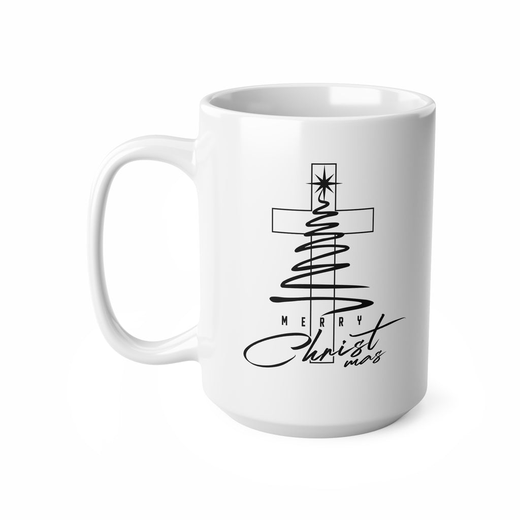 Ceramic Coffee Mug, Merry Christmas Cross Tree, Religious Christmas Gift, 11oz & 15oz