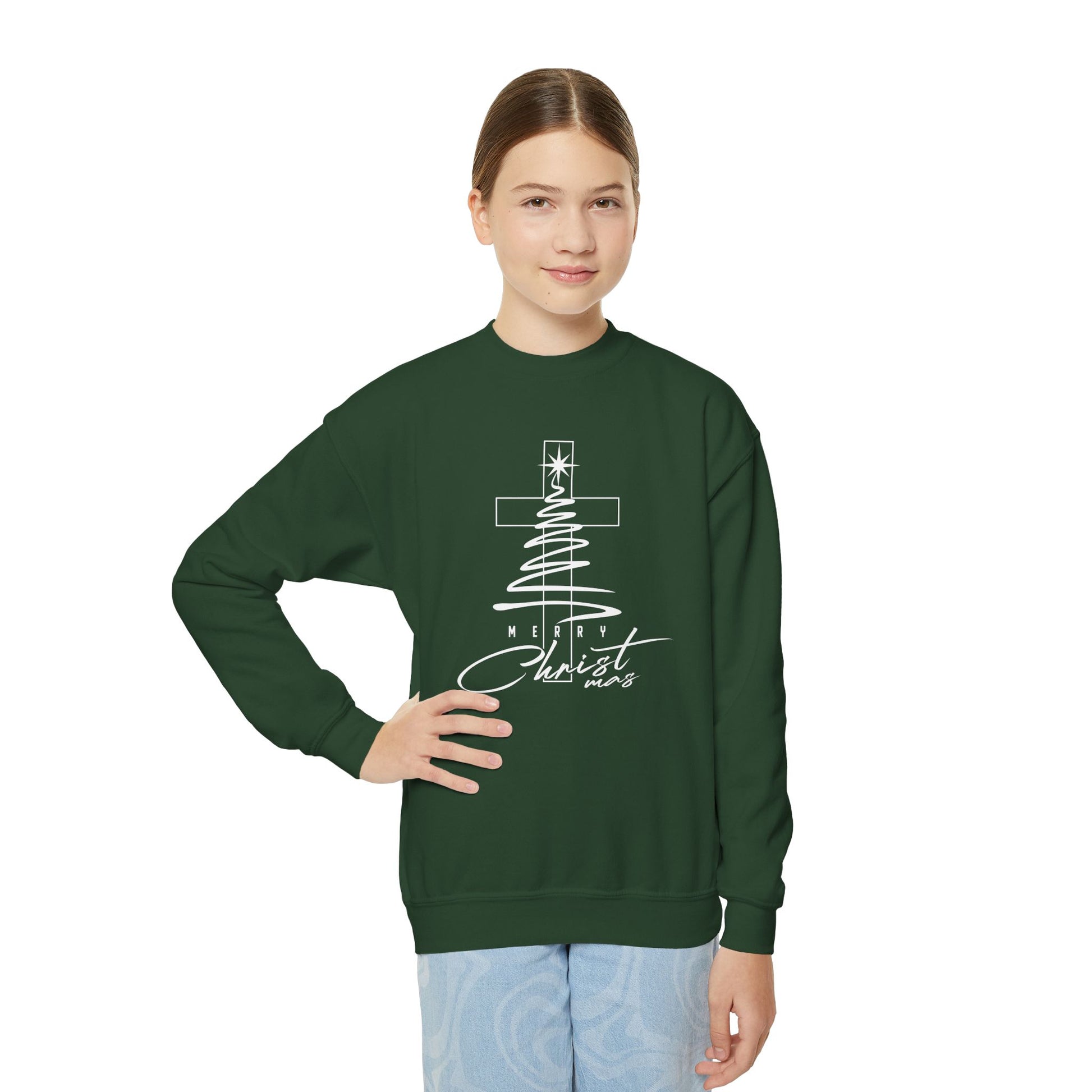 Youth Crewneck Sweatshirt - Faith Christmas Cross Tree "No Greater Joy in Christ"