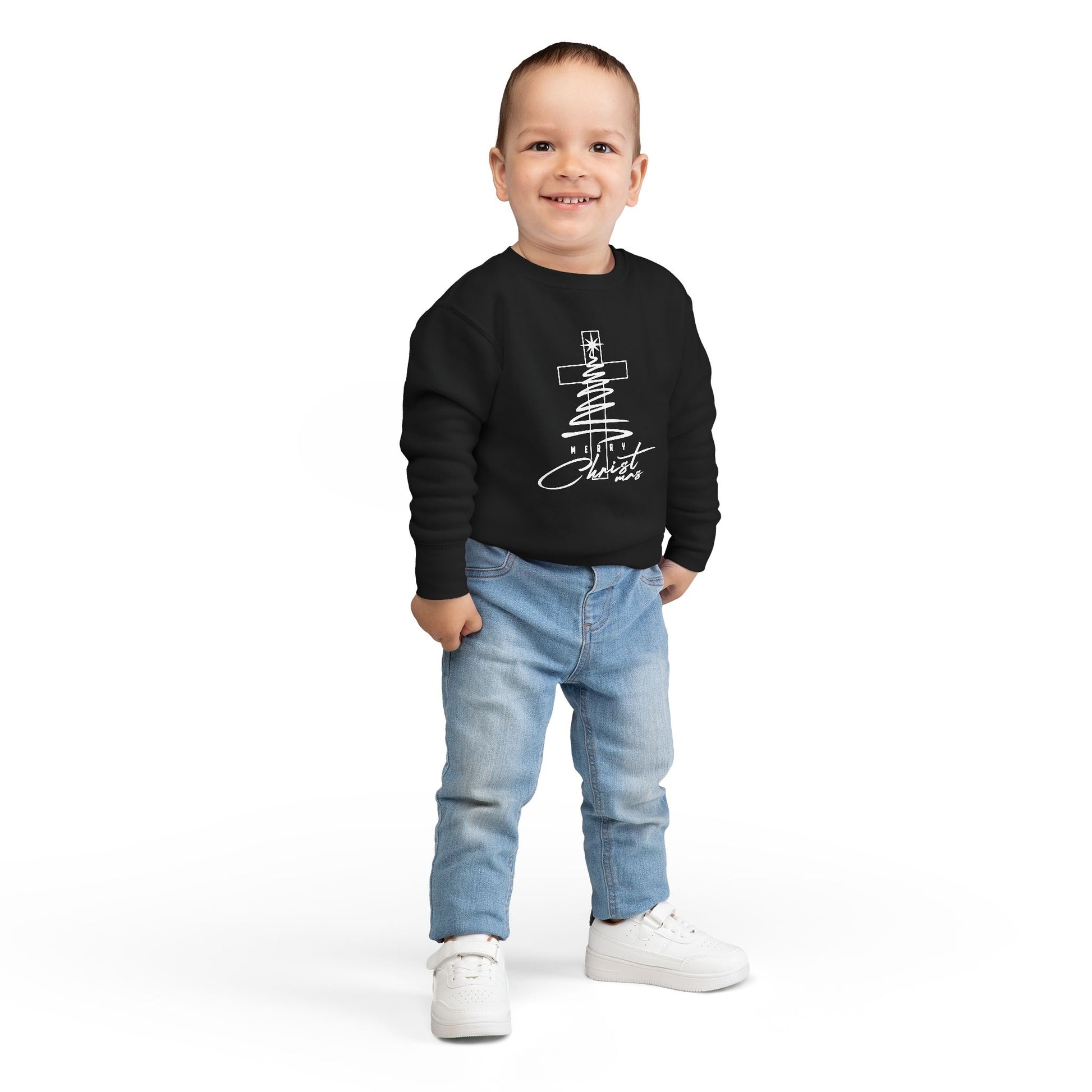 Toddler Sweatshirt - Minimalist Christmas Tree & Cross, Merry Christmas