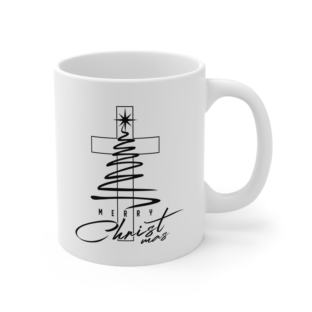 Ceramic Coffee Mug, Merry Christmas Cross Tree, Religious Christmas Gift, 11oz & 15oz