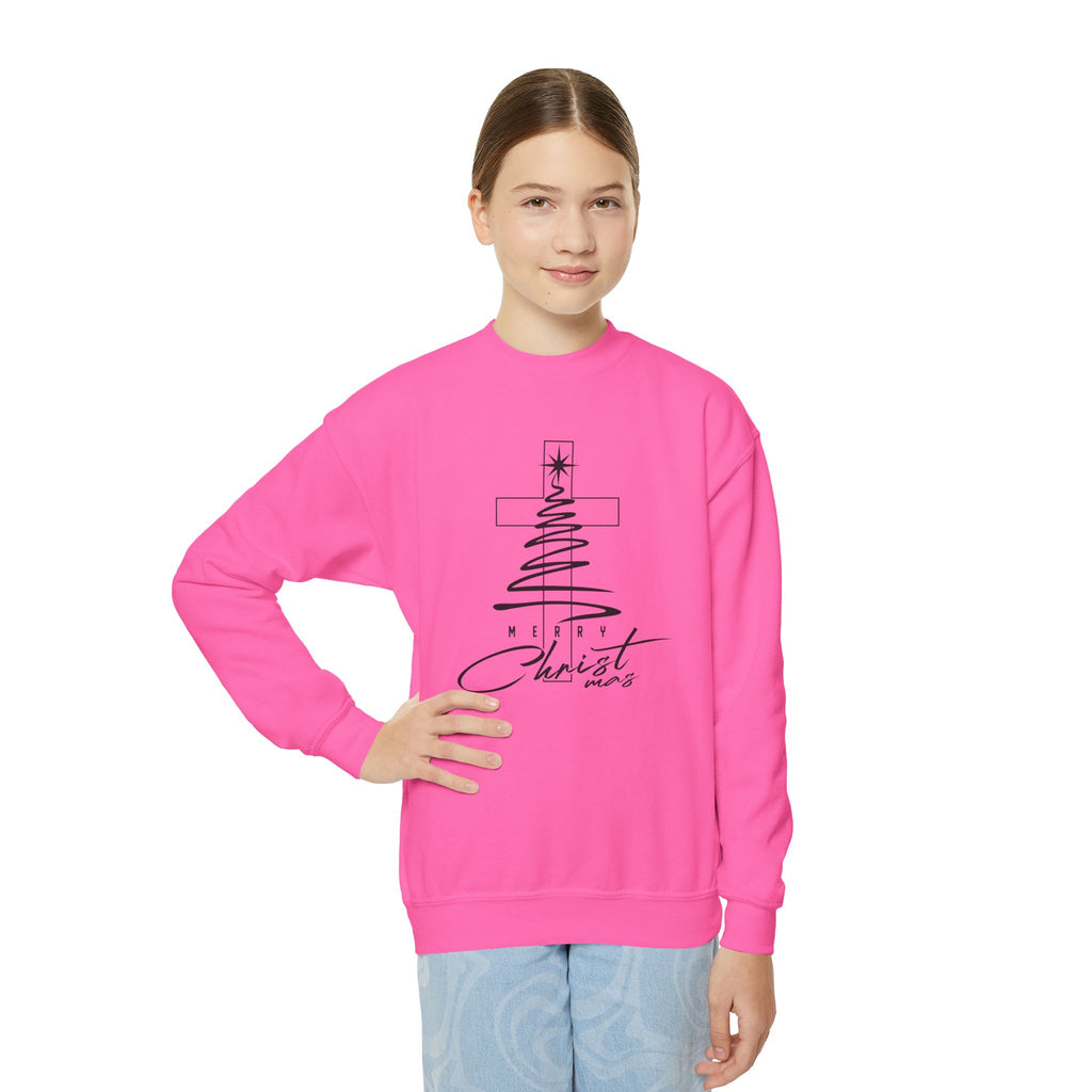 Youth Crewneck Sweatshirt - Faith Christmas Cross Tree "No Greater Joy in Christ"